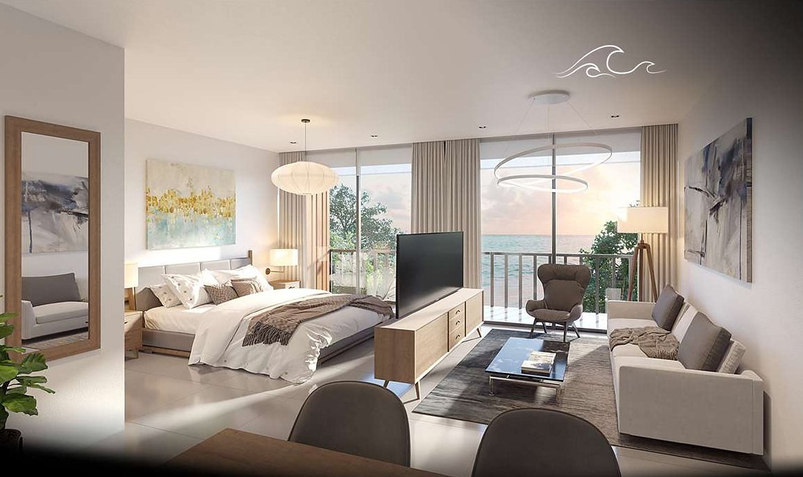 Render del interior de un departamento con dormitorio, estar y ventanal al mar