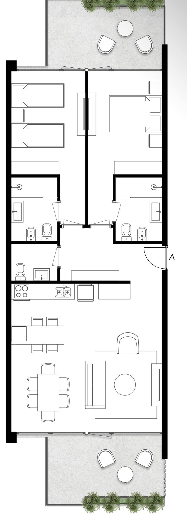 Plano del departamento tipo C, 96,50 m²