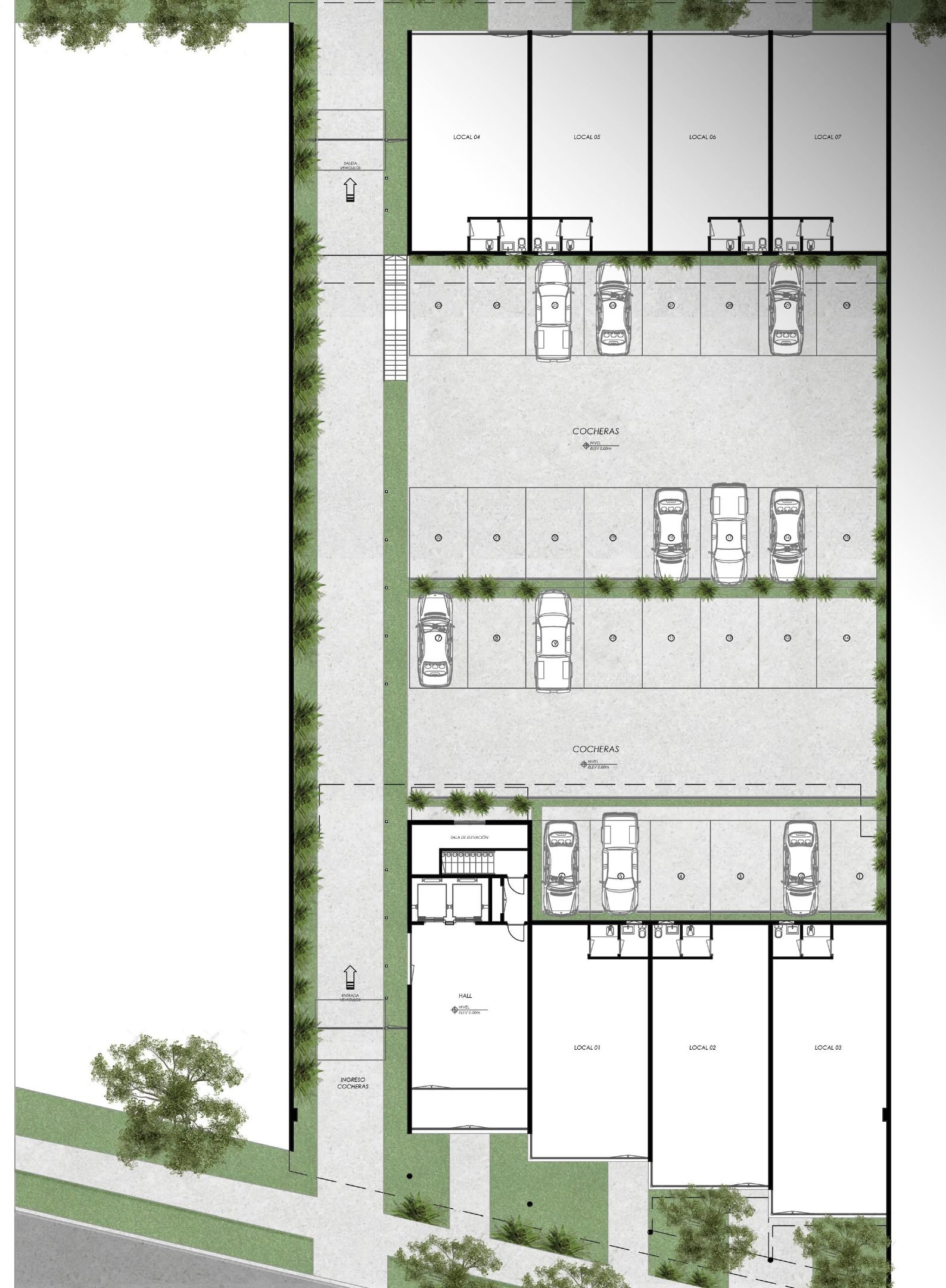 Plano de la planta baja con hall, 30 cocheras cubiertas y 7 locales comerciales