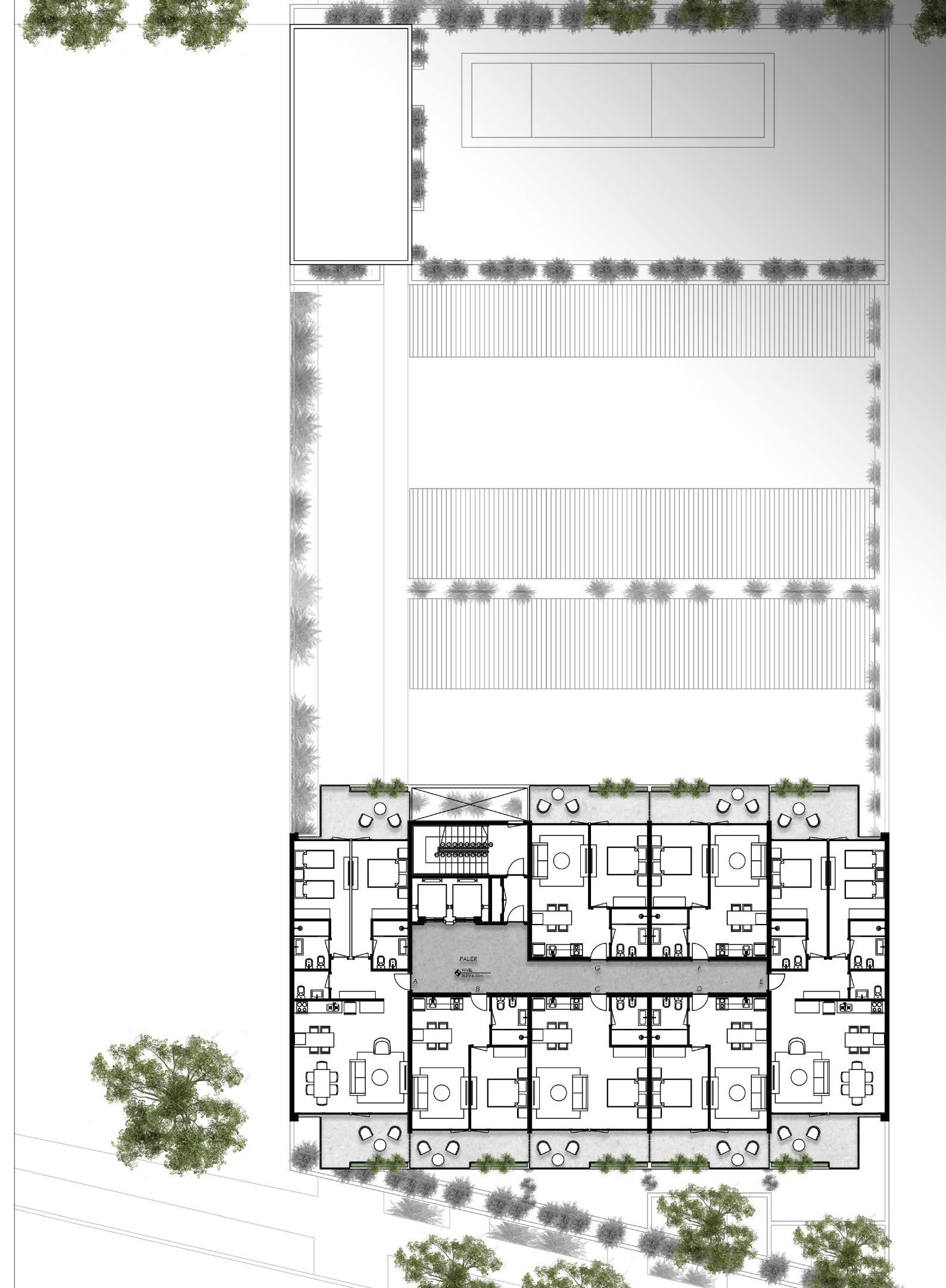 Plano de la planta tipo, pisos 2º a 4º, con departamentos tipo B y C