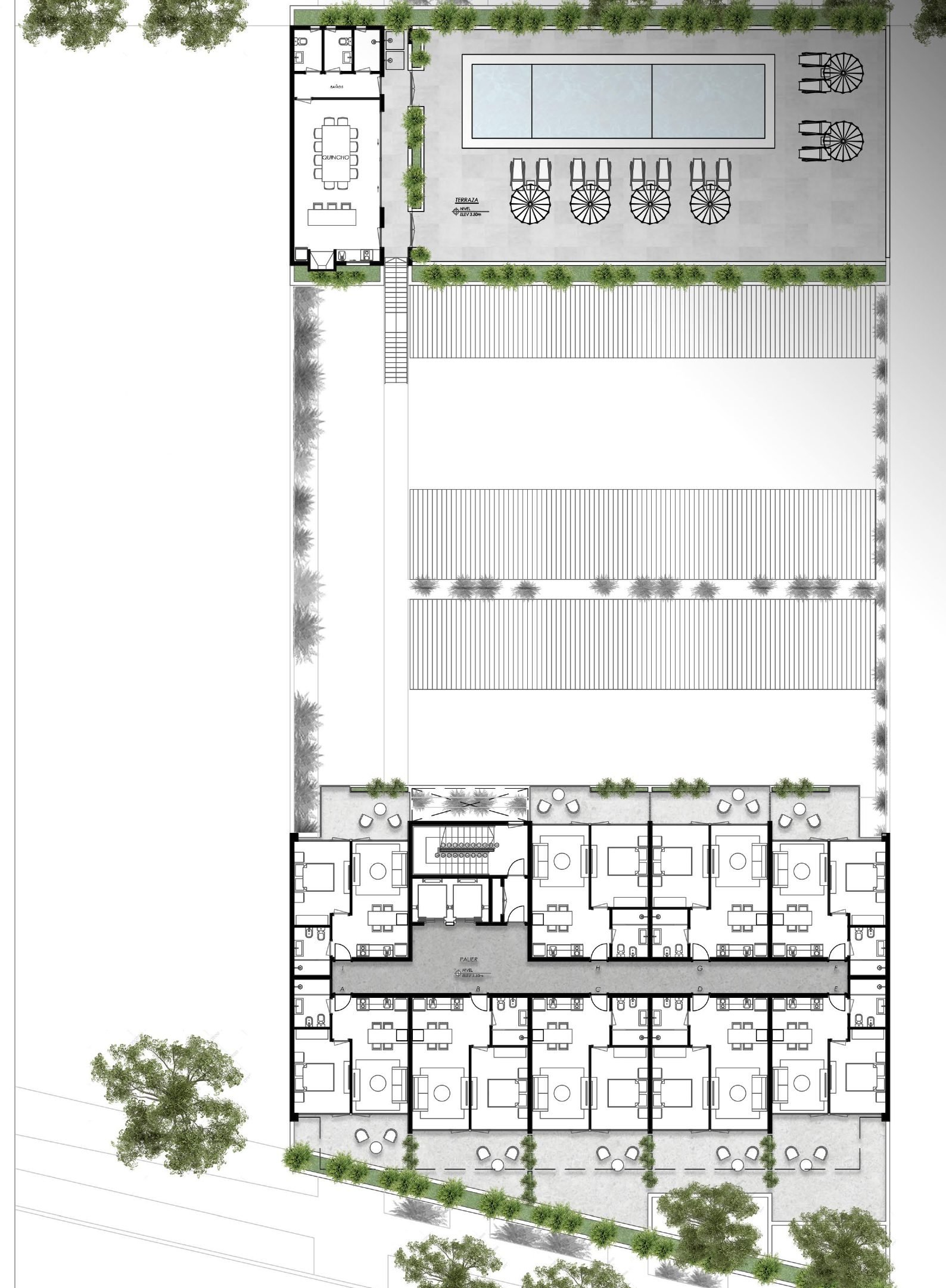 Plano del primer piso con piscina, quinchos y departamentos